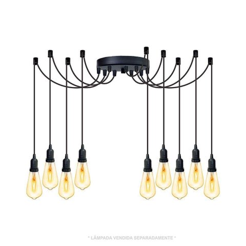 Lustre Aranha com 9 Pendentes (2m Cabo Preto+ Soquetes + Canopla)