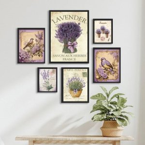 Kit Composição 6 Quadros Lavanda e Pássaros:madeira Branca