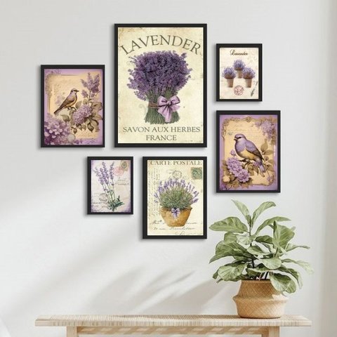 Kit Composição 6 Quadros Lavanda e Pássaros:madeira Branca