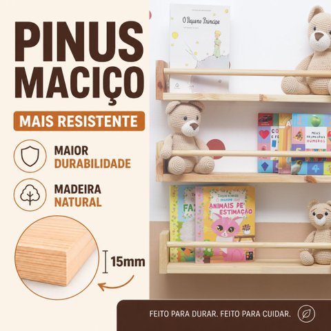 Kit 3 Prateleiras de Madeira Montessori Dulce Slim 40x10 cm