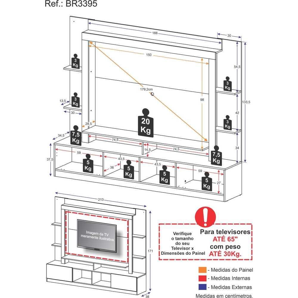 Rack Estante com Painel TV 65" e 2 portas Catar Multimóveis BR3395 Preto - 4