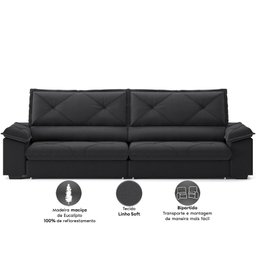 Sofá com Carregador Usb e Molas no Assento Retrátil Reclinável Nice 2,90m Linho Soft- Netsofas - - 5