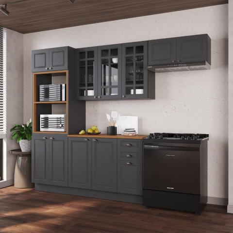 Armário de Cozinha Modulada Compacta Fidelitá Nara 100% MDF 4 Peças 270cm 12 Portas 2 Gavetas com