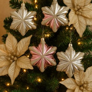 Kit 3 Bola de Natal Rosa Champanhe Estrela para Árvore