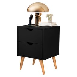 Mesa de Cabeceira Madri com 2 Gavetas - Pés Retrô em Madeira - Preto - 2