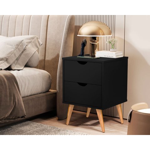 Mesa de Cabeceira Madri com 2 Gavetas - Pés Palito Retrô - Preto