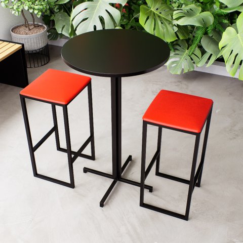 Conjunto Mesa Alta Bar Bistrô Redonda Preta 2 Bancos Estofado Don Castro Decor