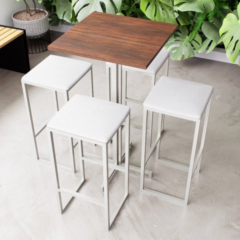 Conjunto Mesa Alta Bar Bistrô Quadrada Imbuia 4 Bancos Estofado Don Castro Decor