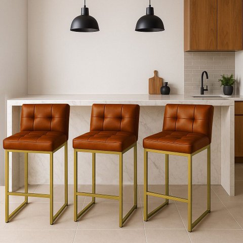 Banqueta Cozinha Alta com Encosto Industrial Kit 3 Dourado Lirina Pu C05 - D’Rossi