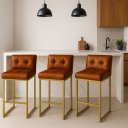 Ver imagem 1 de Banqueta Cozinha Alta com Encosto Industrial Kit 3 Dourado Lirina Pu C05 - D’Rossi
