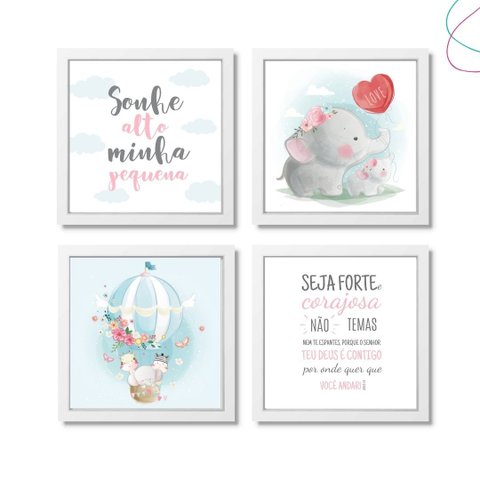 4 Quadros Decorativos Infantil Safari Baby Aquarela Menina:branca