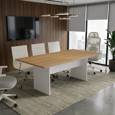 Mesa de Reunião Retangular Executiva Pé Painel MDP 200cm Carvalho Treviso Branco