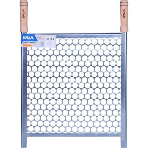Grelha para Churrasco Moeda Aço Galvanizado Cabo Madeira Churrasqueiras Portáteis Prata Kala 40cm
