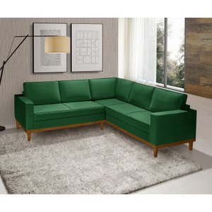 Sofá de Canto Living 5 Lug. Toronto com Base Retro Madeira de Reflorestamento - Veludo Verde