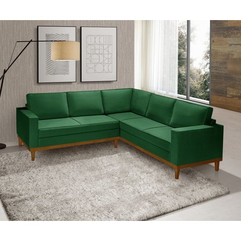 Sofá de Canto Living 5 Lug. Toronto com Base Retro Madeira de Reflorestamento - Veludo Verde