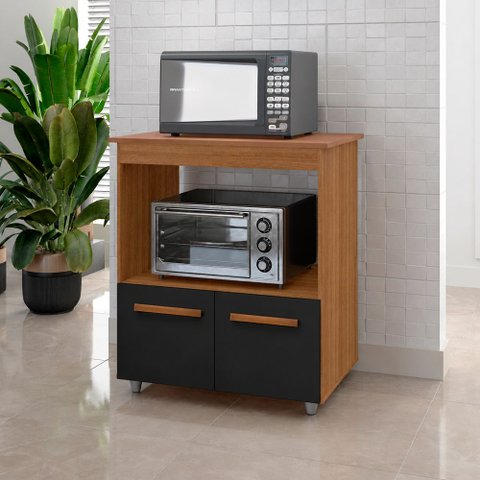 Armário Balcão Multiuso para Cozinha Micro-Ondas e Forno Angela 02 Portas Savana Preto Moblis