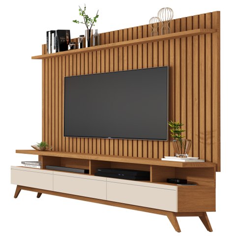 Conjunto Ripado Classic Para Sala Estar com Rack Vivare Wood 1.8:Nature/Off White