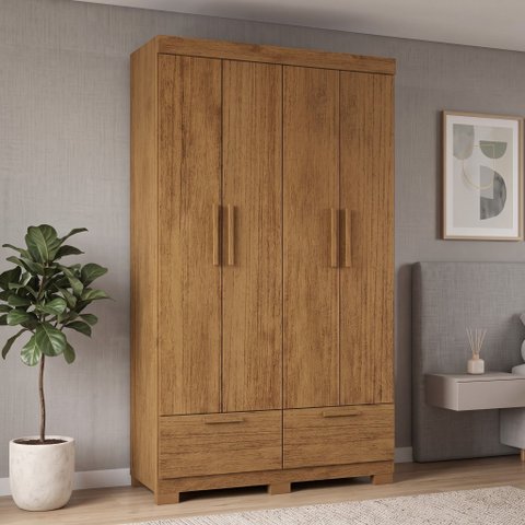 Guarda-Roupa Solteiro 4 Portas, 4 Gavetas e Pés MDF Cambori Marrom/Cinamomo