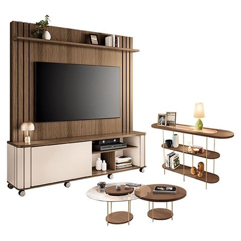 Estante Home Theater Trinus Castanho Off White com Kit Mesa de Centro Sky e Aparador Infinity