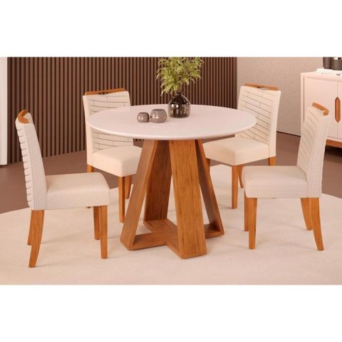 Sala de Jantar Completa Celeste Tampo Madeirado C- Vidro Redondo 103x103cm e 4 Cadeiras Julia Freijo