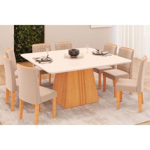 Sala de Jantar Completa Itália Tampo Madeirado C/ Vidro Curvo 136x136cm e 8 Cadeiras Zoe Cedro/off