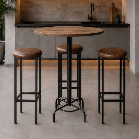 Conjunto Mesa Bistrô Alabama com 3 Banquetas Estofadas Kassel Cor Marrom - Kmj