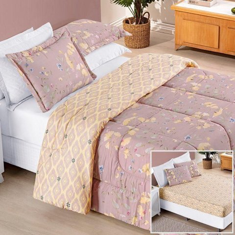 Edredom 2,40m X 2,20m + Jogo de Cama Casal Padrão Bouti 06 Peças 100% Poliéster - Lavanda