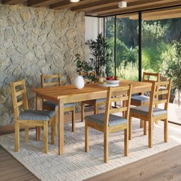 Conjunto para Jardim Madeira Maciça 160x80cm 1 Mesa 6 Cadeiras Assento Estofado Itália - 1