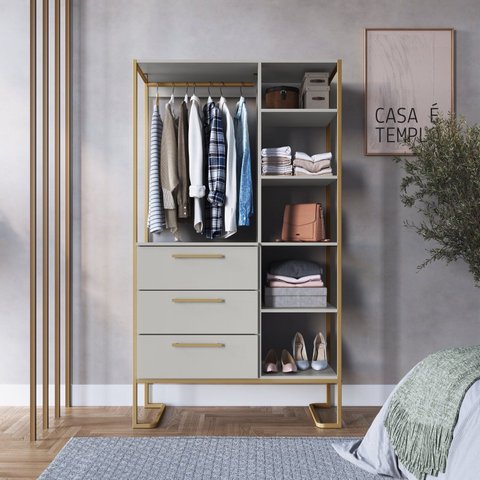 Closet com 3 Gavetas e 5 Prateleiras Destaques Bege/Arenas/Champanhe