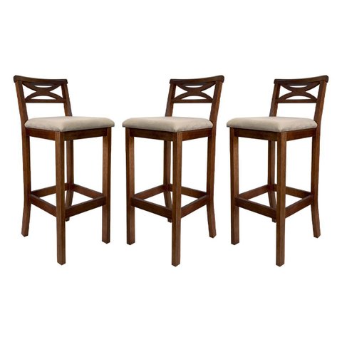 Kit 3 Banquetas Média Estofada para Bancada Madri Madeira Castanho Suede Bege CCS