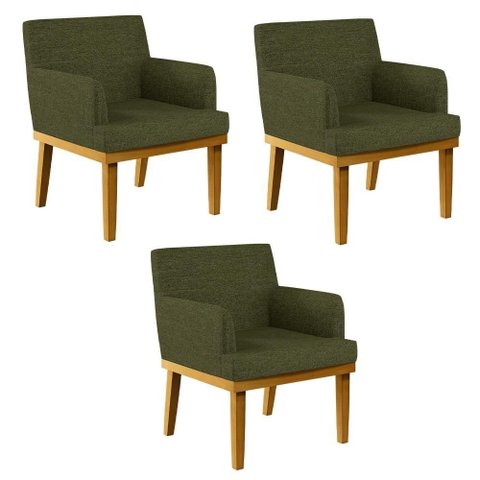 Kit 03 Poltronas Decorativas para Sala de Estar Base Mel Beatriz W01 Linho Verde - Lyam Decor