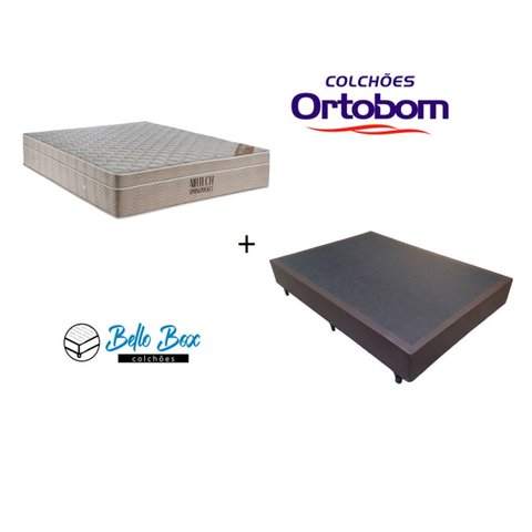 Cama Box Casal 138 Tecido Sintético Marrom com Colchão Ortobom Airtech Spring Pocket D26 Bege 70x138