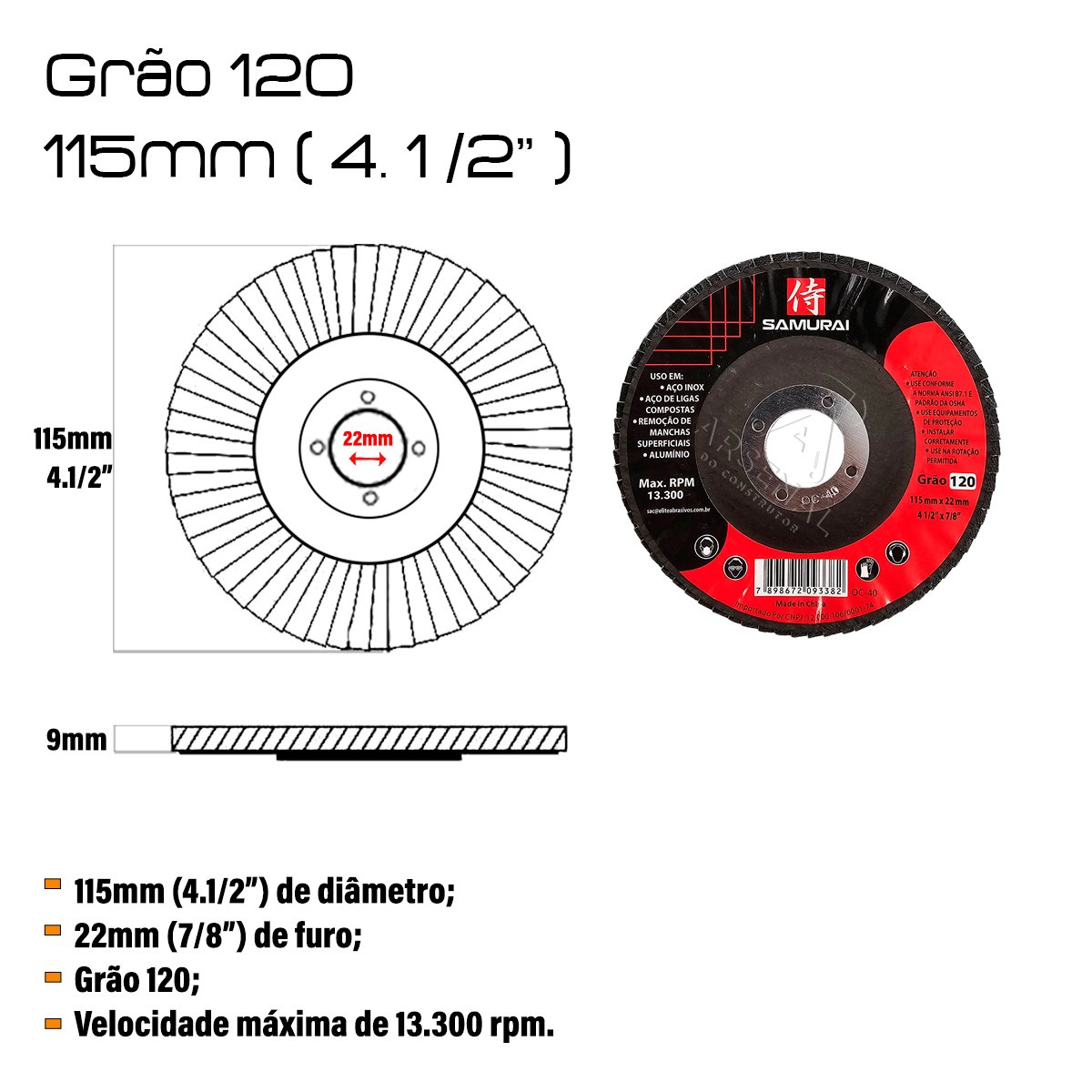 Kit 10 Discos de Lixa Flap de Fibra 115mm 4” Grão 120 - 2