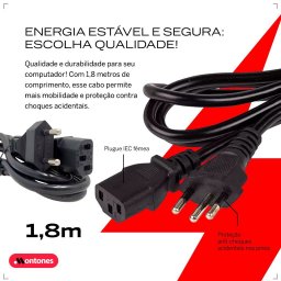Cabo de Força Energia Cpu Pc Fonte Computador Monitor Impressora 3 Pinos Tripolar Bivolt 110/220 - 4