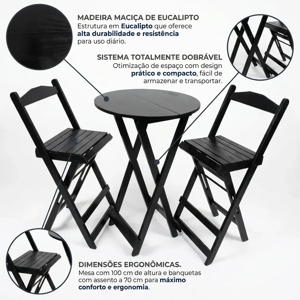Ver imagem 4 de Conjunto Mesa Bistrô Dobrável com 2 Banquetas de Madeira Maciça Preto