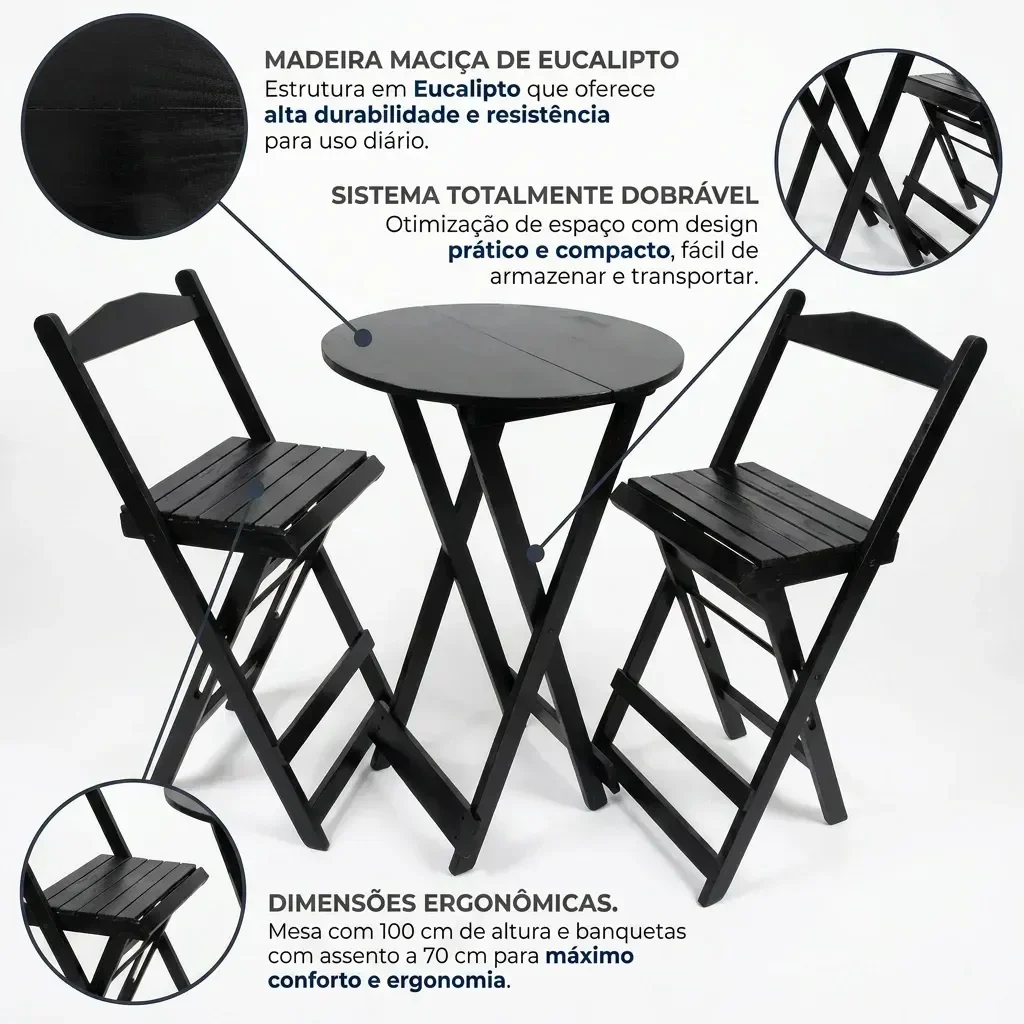 Ver imagem 4 de Conjunto Mesa Bistrô Dobrável com 2 Banquetas de Madeira Maciça Preto