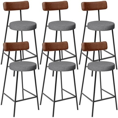 Kit 06 Banquetas Baixa Cozinha Sala Jantar Milão L02 Couríssimo Marrom Linho Cinza Escuro