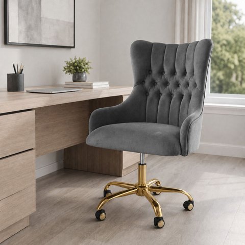 Cadeira Poltrona Home Office Helena Capitonê Base com Rodinhas Dourada