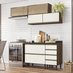 Cozinha Modulada Kali Premium 6 Peças Amêndoa/off White com Aéreo Vidro - Nicioli - 2