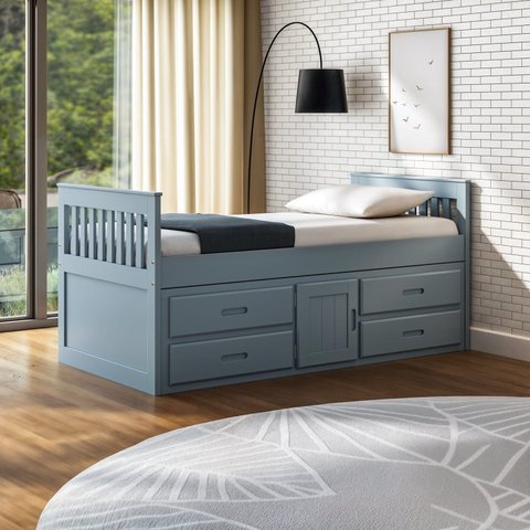 Cama Solteiro com 04 Gavetas e 01 Porta Funcional de Madeira Maciça - Azul