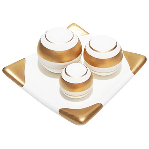 Centro De Mesa Prato 3Esferas Em Cerâmica Fosca White Golden