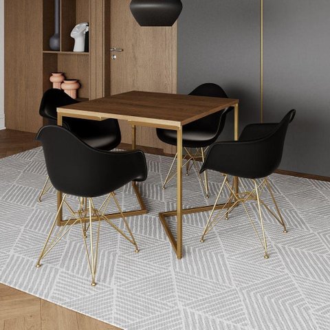 Mesa Jantar Industrial Quadrada 90Cm Amêndoa Base V C/4 Poltronas Daw Pretas Base Dou Cor: Amendoa