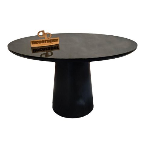 Mesa Jantar Cone Laqueado Tampo Redondo Laca com Vidro 130cm Preto