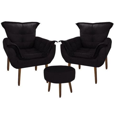 Kit 2 Poltronas Decorativa Parana com Puff Redondo Suede Preto