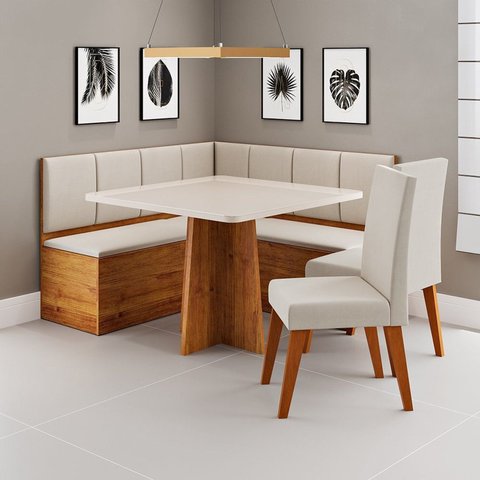 Conjunto Canto Alemão Baú Mesa Quadrada com Tampo de Vidro MDF e 2 Cadeiras Scoth