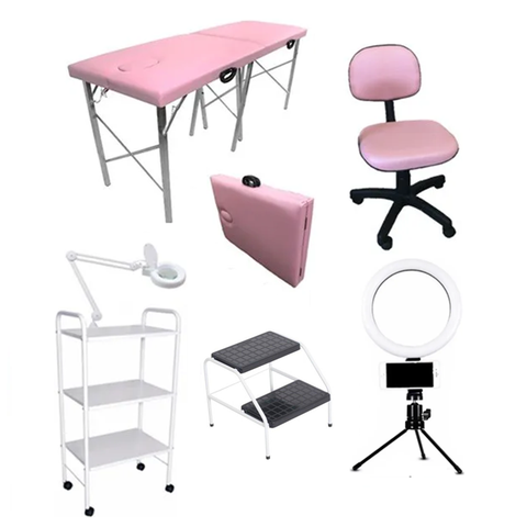 Kit Estética Maca Rosa Mocho Carrinho Escada Lupa e Brinde Fiscomed Kit para Estética
