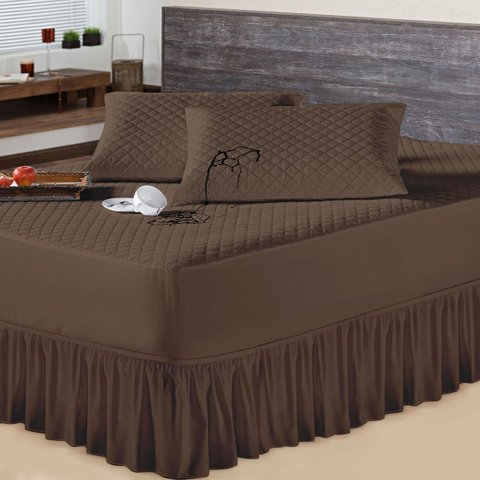 Kit Protetor Casal Padrão + 2 Porta Travesseiro Impermeável com Saia Box Tabaco