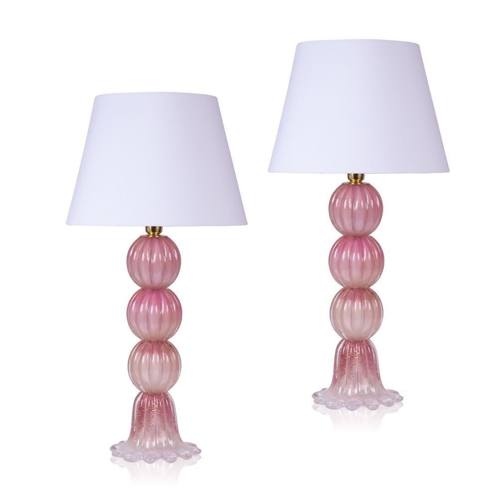 Par Abajur Murano Três Esferas Rosa Chiclete C/ Ouro