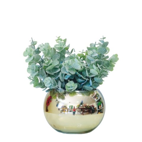 Arranjo No Vaso Dourado Completo Flores Verdinho Eucalipto