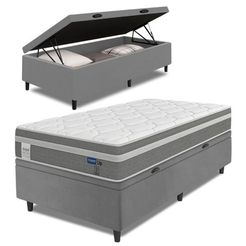 Cama Box Baú Colchão Solteiro Molas Ensacadas Euro In Up 88x188x67cm Cinza / Branco Probel
